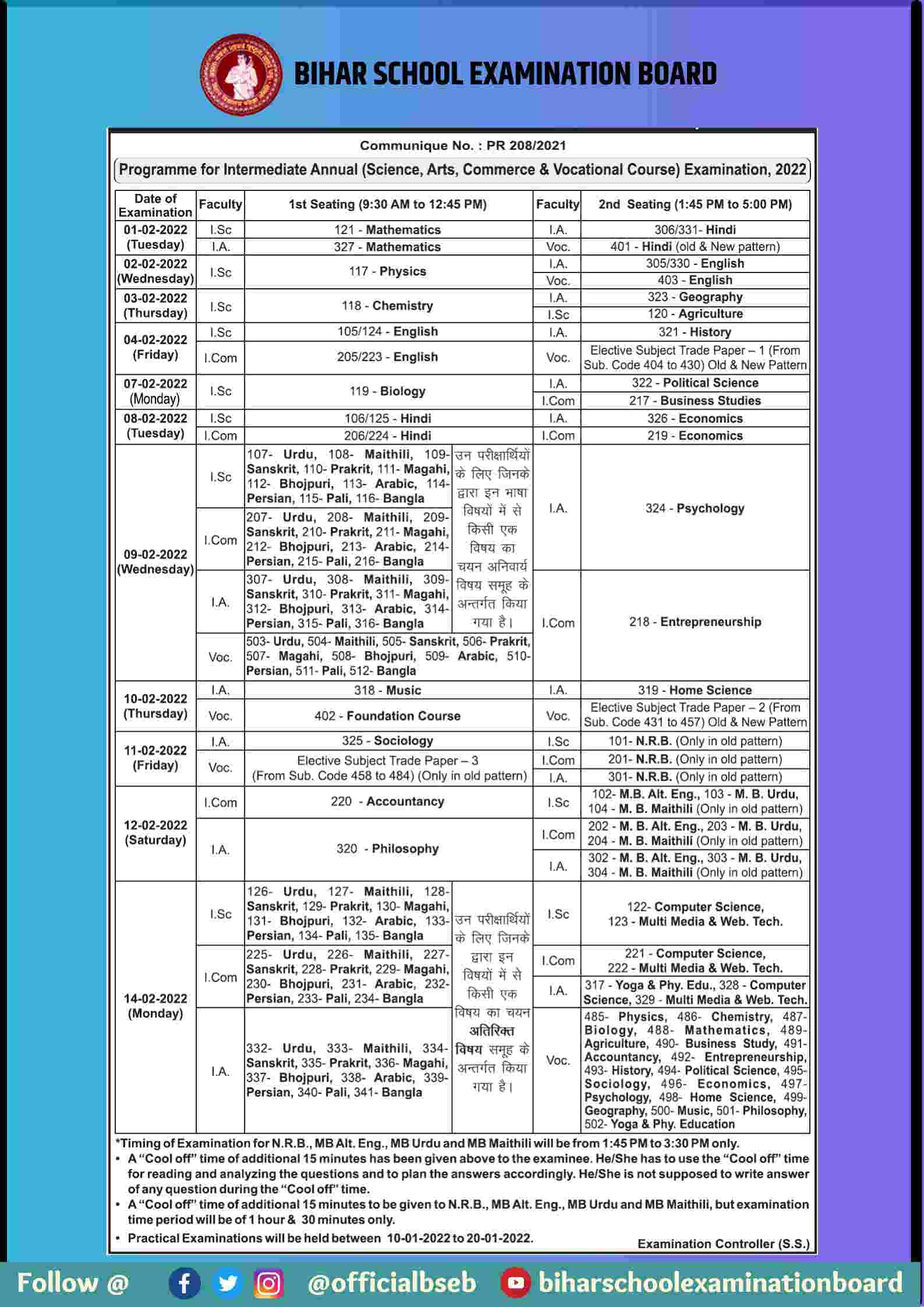 Bihar board 12th exam date 2022