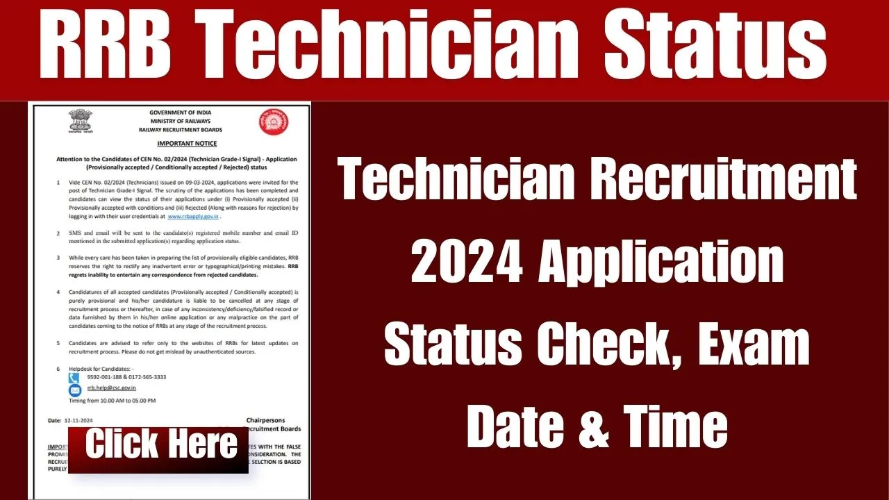 RRB Railway Technician Recruitment 2024 Application Status check